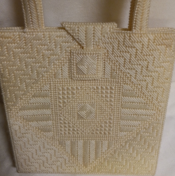 Vintage Handmade Unique Designed Cream Crochet Tote size Handbag 👜 - Picture 7 of 10